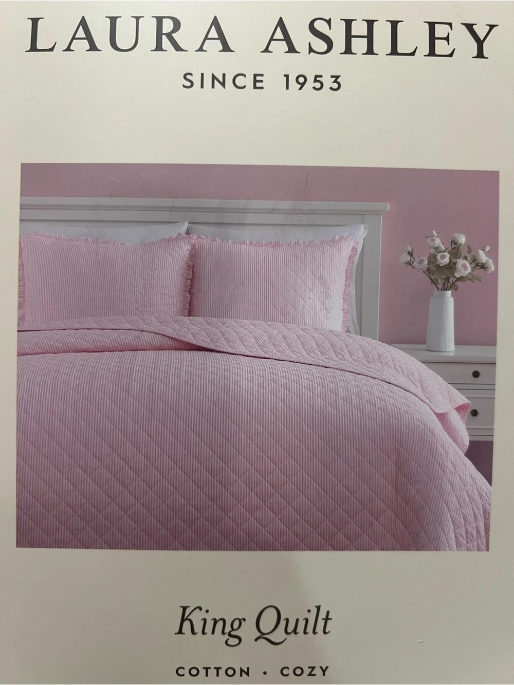 Laura Ashley Pink and White Oxford Striped KING Quilt ~ NWT